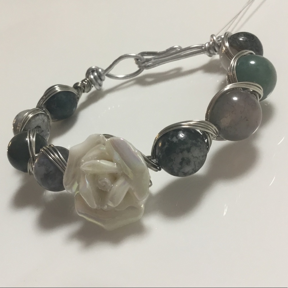 White Rose Silver Wire Wrap Bracelet
